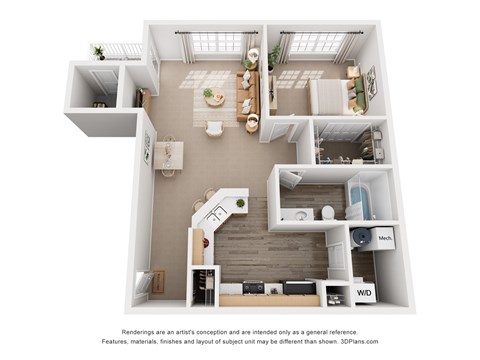 Floor plan for 1 bed, 1 bath, 806 sqft